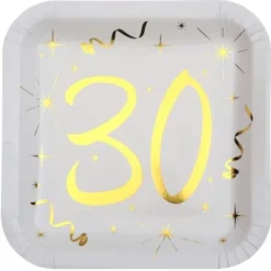 10 Assiettes en Carton Anniversaire - Blanc et Or - 30 ans