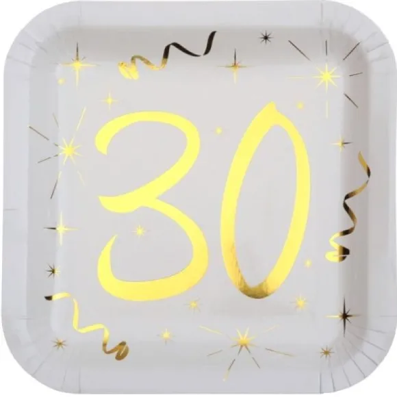 10 Assiettes en Carton Anniversaire - Blanc et Or - 30 ans