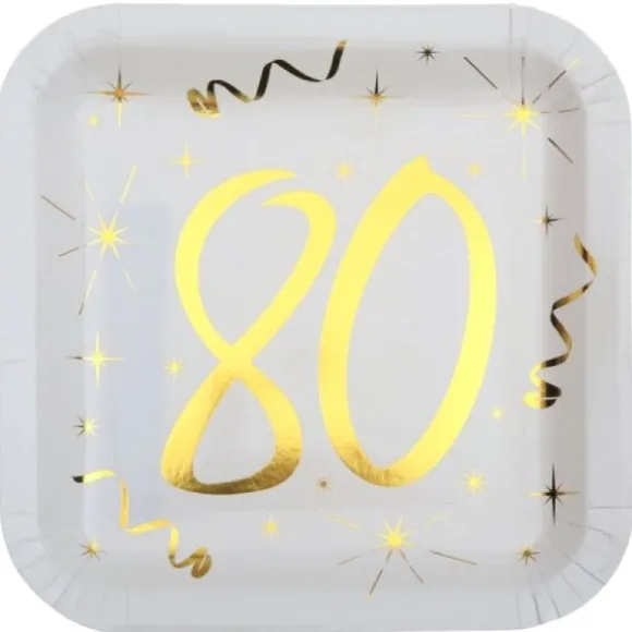 10 Assiettes en Carton Anniversaire - Blanc et Or - 80 ans