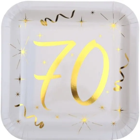 10 Assiettes en Carton Anniversaire - Blanc et Or - 70 ans