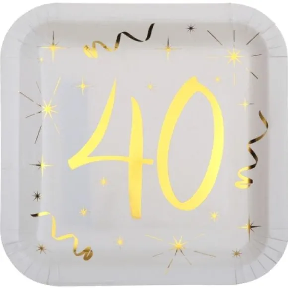 10 Assiettes en Carton Anniversaire - Blanc et Or - 40 ans