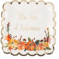 8 assiettes en carton FSC® - 22,5 cm - Un air d'automne - Châtaigne, Terracotta et Or