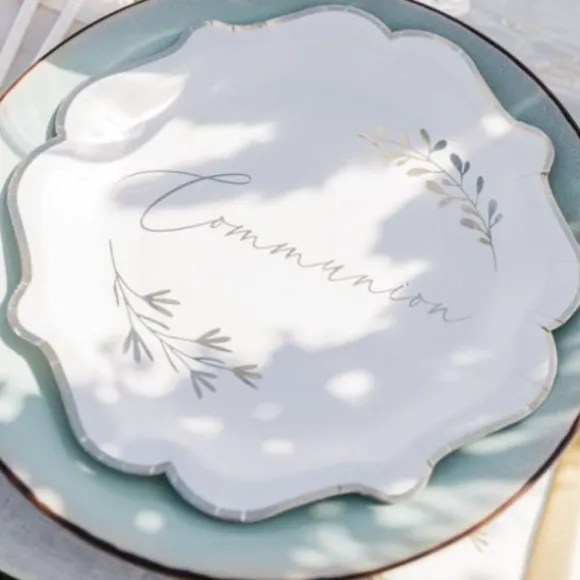 8 assiettes en carton FSC® - Diamètre 23 cm - Collection Communion Blanc et Or