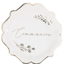8 assiettes en carton FSC® - Diamètre 23 cm - Collection Communion Blanc et Or