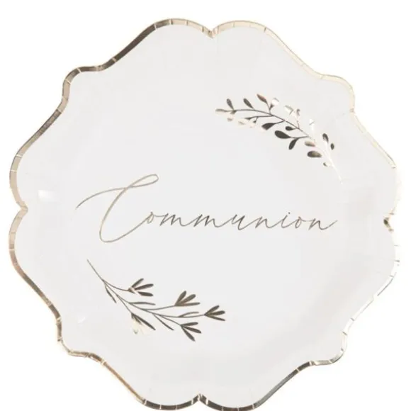 8 assiettes en carton FSC® - Diamètre 23 cm - Collection Communion Blanc et Or