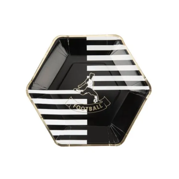 8 Assiettes Hexagonales - Football - Noir, Blanc et Or