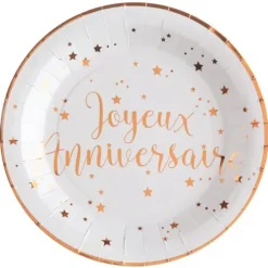10 Assiettes Joyeux Anniversaire - Métal Rose Gold