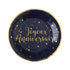 10 Assiettes "Joyeux Anniversaire" Bleu Marine Métallisé