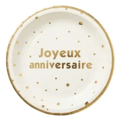 10 assiettes "Joyeux Anniversaire" en carton - Diamètre 22 cm - Collection Anniversaire Blanc et Or