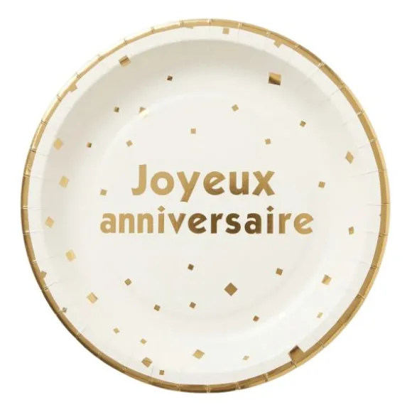 10 assiettes "Joyeux Anniversaire" en carton - Diamètre 22 cm - Collection Anniversaire Blanc et Or