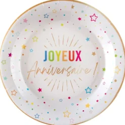 6 assiettes "Joyeux Anniversaire" en carton - Diamètre 17,5 cm - Collection Festicolor - Couleur au choix