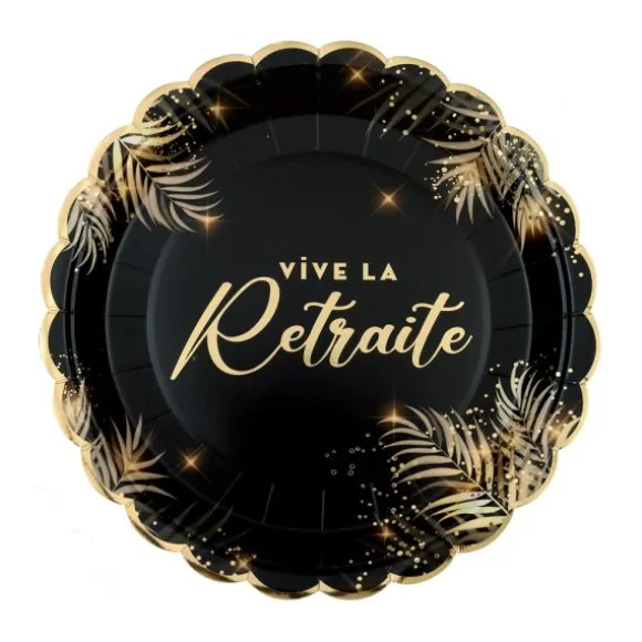 6 assiettes "Vive la Retraite" en carton - Diamètre 23 cm - Collection Retraite Dorée - Couleur au choix