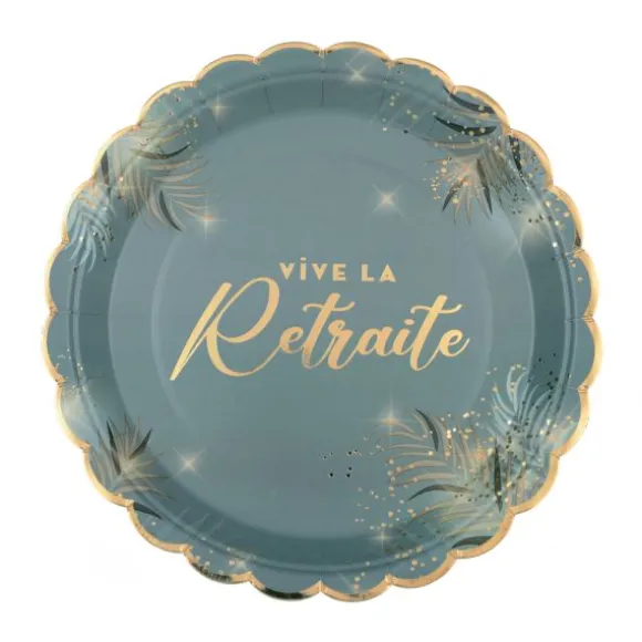 6 assiettes "Vive la Retraite" en carton - Diamètre 23 cm - Collection Retraite Dorée - Couleur au choix