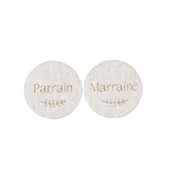 2 badges "Parrain / Marraine" - Diamètre 5 cm - Collection Communion Effet Lin et Or