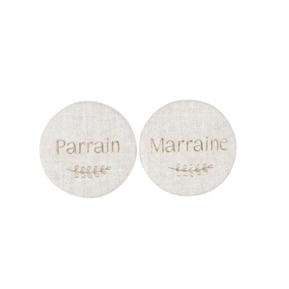 2 badges "Parrain / Marraine" - Diamètre 5 cm - Collection Communion Effet Lin et Or