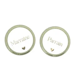 2 badges "Parrain / Marraine" - Diamètre 5 cm - Collection Baptême Blanc et Or - Couleur au choix