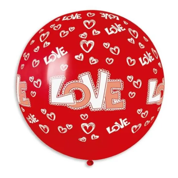 1 ballon géant rouge imprimé Love et cœurs blancs - 80 cm