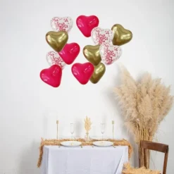 12 Ballons Cœurs Rouges Blancs Or et Transparents avec Confettis Cœurs Rouges