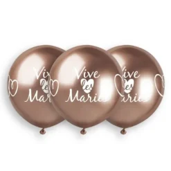 3 ballons Shiny Rose Gold imprimés " Vive les mariés " - 48 cm