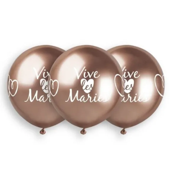 3 ballons Shiny Rose Gold imprimés " Vive les mariés " - 48 cm