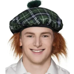 Beret Ecossais Tartan Vert avec Cheveux