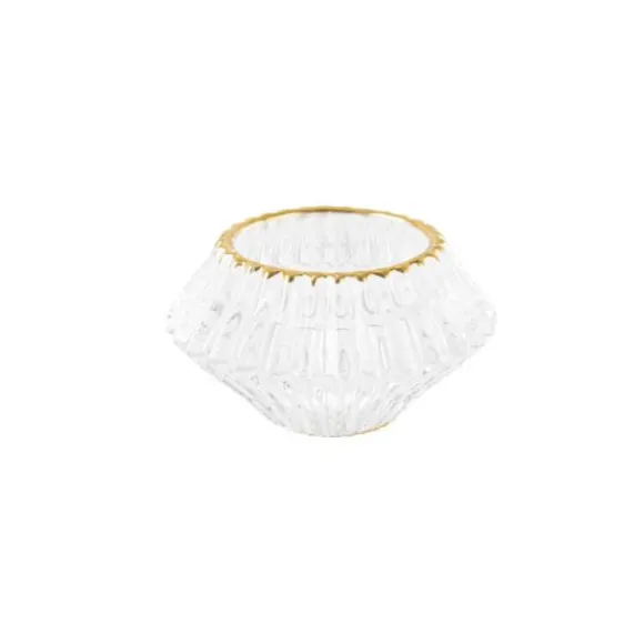 Bougeoir Double - Mauro - Verre Rainure Transparent et Liseré Or - 7,5 cm
