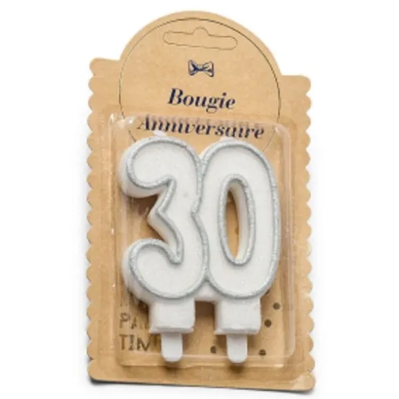 Bougie Chiffres Anniversaire 30 ans - Pailletée Argent