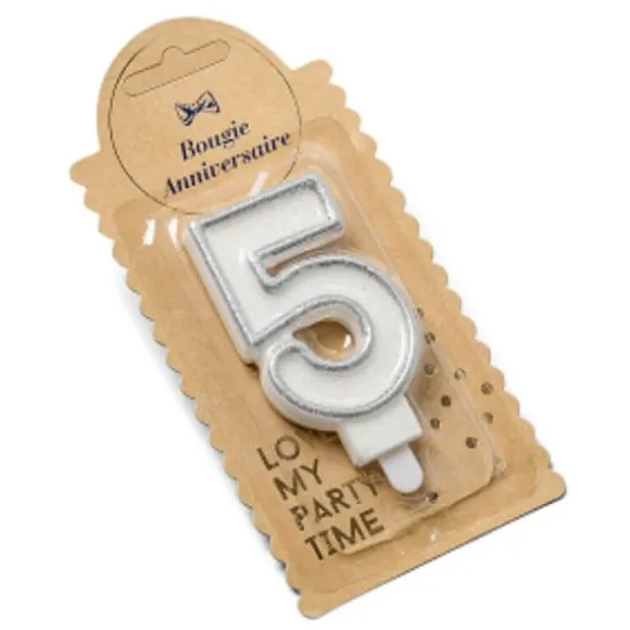 Bougie d'Anniversaire Chiffre 5 - Pailletée Argent
