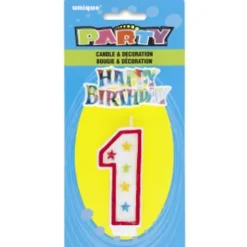 Bougie d'Anniversaire Chiffre 1 - Blanc et Rouge à étoiles avec décor