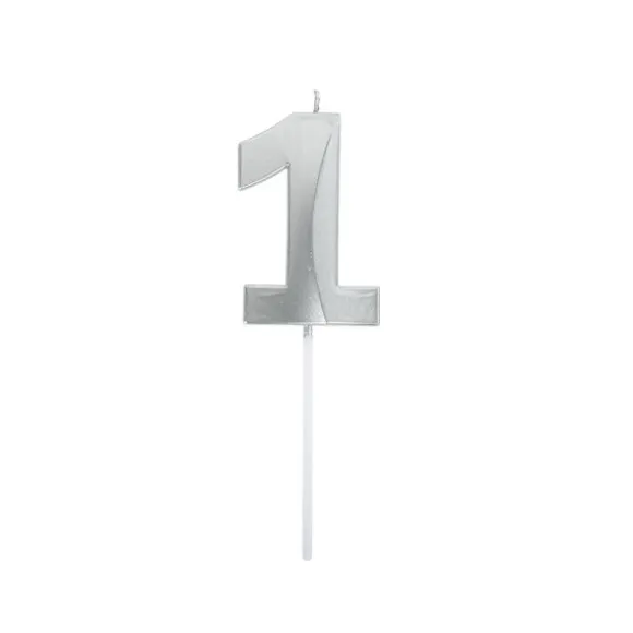 Bougie graphique en forme de chiffre sur pic - Argent - 7 cm - Chiffre au choix