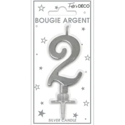 Bougie métallisée argentée pour anniversaire - 6 cm - Chiffre au choix