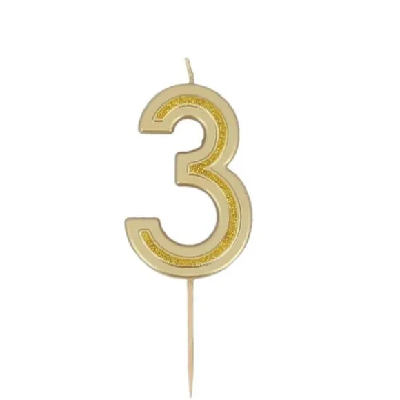 Bougie à paillettes dorées en forme de chiffre pour anniversaire - 7 cm - Chiffre au choix