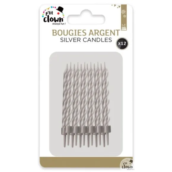 10 bougies argentées avec bobèche - 7,5 cm