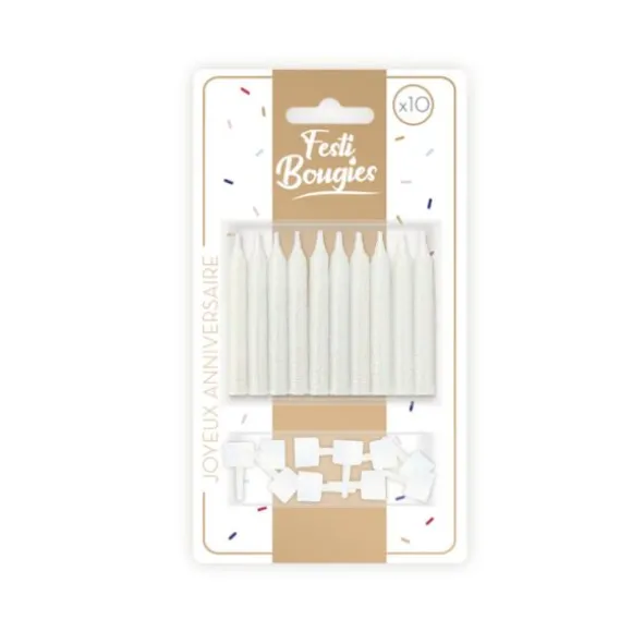 10 bougies argentées avec bobèche - 7,5 cm