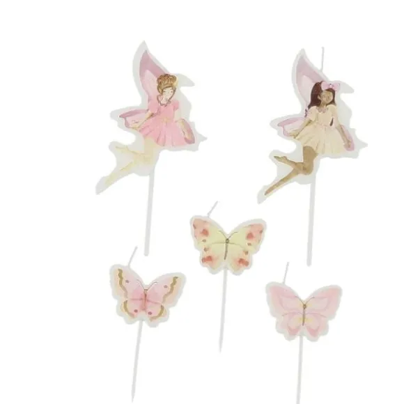 5 bougies en forme de fées et de papillons sur pics - Collection Fairy World