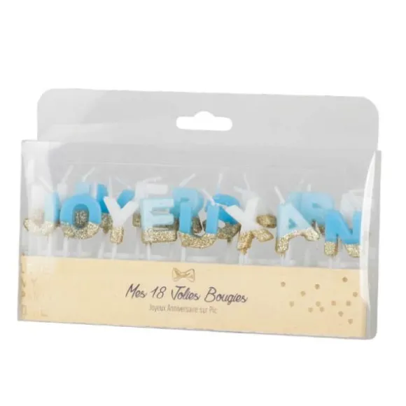 18 bougies à paillettes dorées "Joyeux Anniversaire" sur pics - Couleur au choix