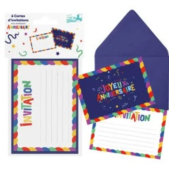 6 cartes d'invitation "Joyeux Anniversaire" en carton avec enveloppes - Collection Récréation Multicolore
