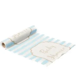 Chemin de Table Baby Shower en Lin Rayé - Bleu, Blanc et Or