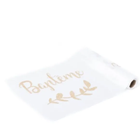 Chemin de Table « Baptême » en Organza – Blanc et Paillettes Dorées