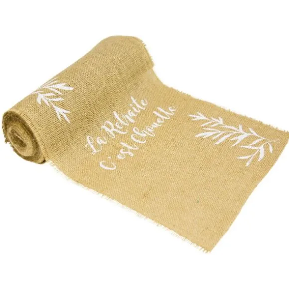 Chemin de table en jute - Retraite Party - Beige, Or & Feuilles d'Olivier - 5 mètres