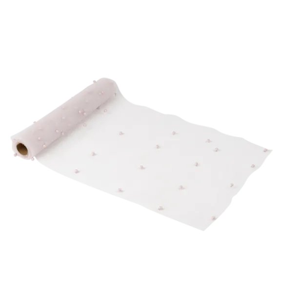 Chemin de table en organza avec perles - 28 cm x 5 m - Couleur au choix