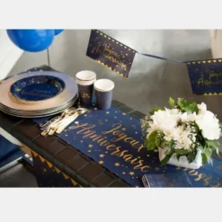 Chemin de table "Joyeux Anniversaire" Bleu Marine Métallisé