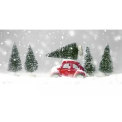 Chemin de Table Noël - Romance - Voiture Rouge avec Sapins