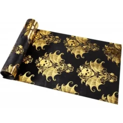 Chemin de table - Velours - Noir - Baroque avec Crânes Dorés - 28 cm x 3 m