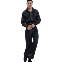 Chemise Disco en satin pour homme - Noir - Taille au choix