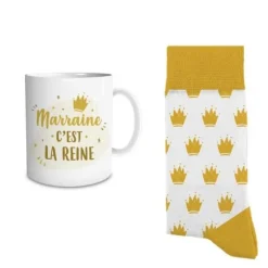Coffret Cadeau Mug et Chaussettes - Marraine c'est la reine