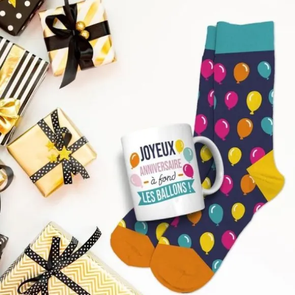 Coffret Cadeau Mug et Chaussettes pour homme - Joyeux Anniversaire à fond les ballons
