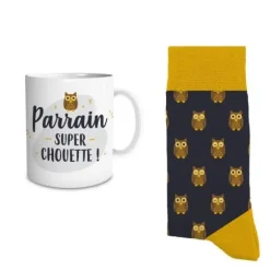 Coffret Cadeau Mug et Chaussettes - Parrain super chouette