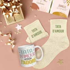 Coffret Mug et Chaussettes à paillettes "Tata d'Amour" pour femme - Collection Famille d'Amour