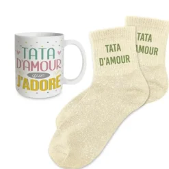 Coffret Mug et Chaussettes à paillettes "Tata d'Amour" pour femme - Collection Famille d'Amour